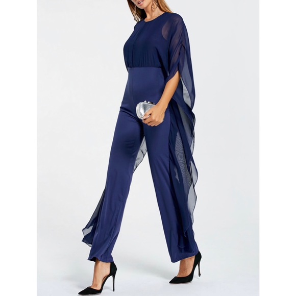 Rosegal Pants - ROSEGAL MESH PANEL HIGH WAIST BLUE JUMPSUIT